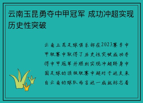 云南玉昆勇夺中甲冠军 成功冲超实现历史性突破