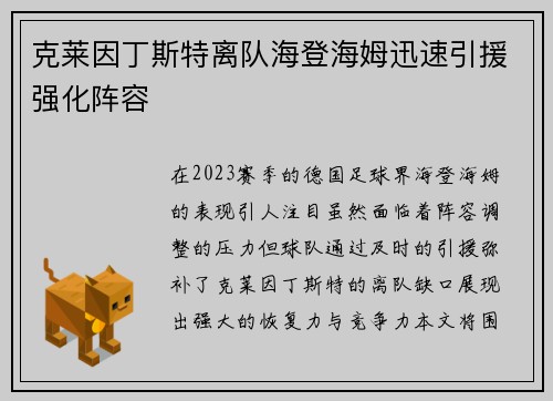 克莱因丁斯特离队海登海姆迅速引援强化阵容 克莱因丁斯特离队海登海姆迅速引援强化阵容