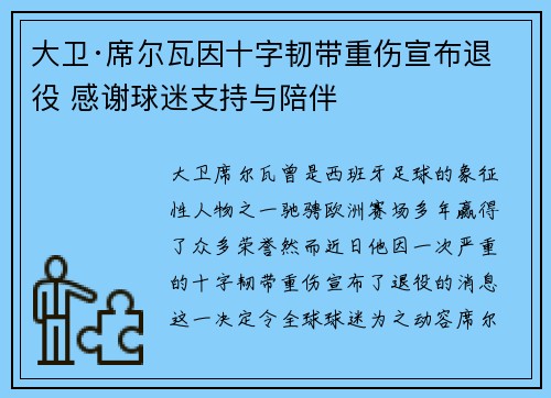 大卫·席尔瓦因十字韧带重伤宣布退役 感谢球迷支持与陪伴